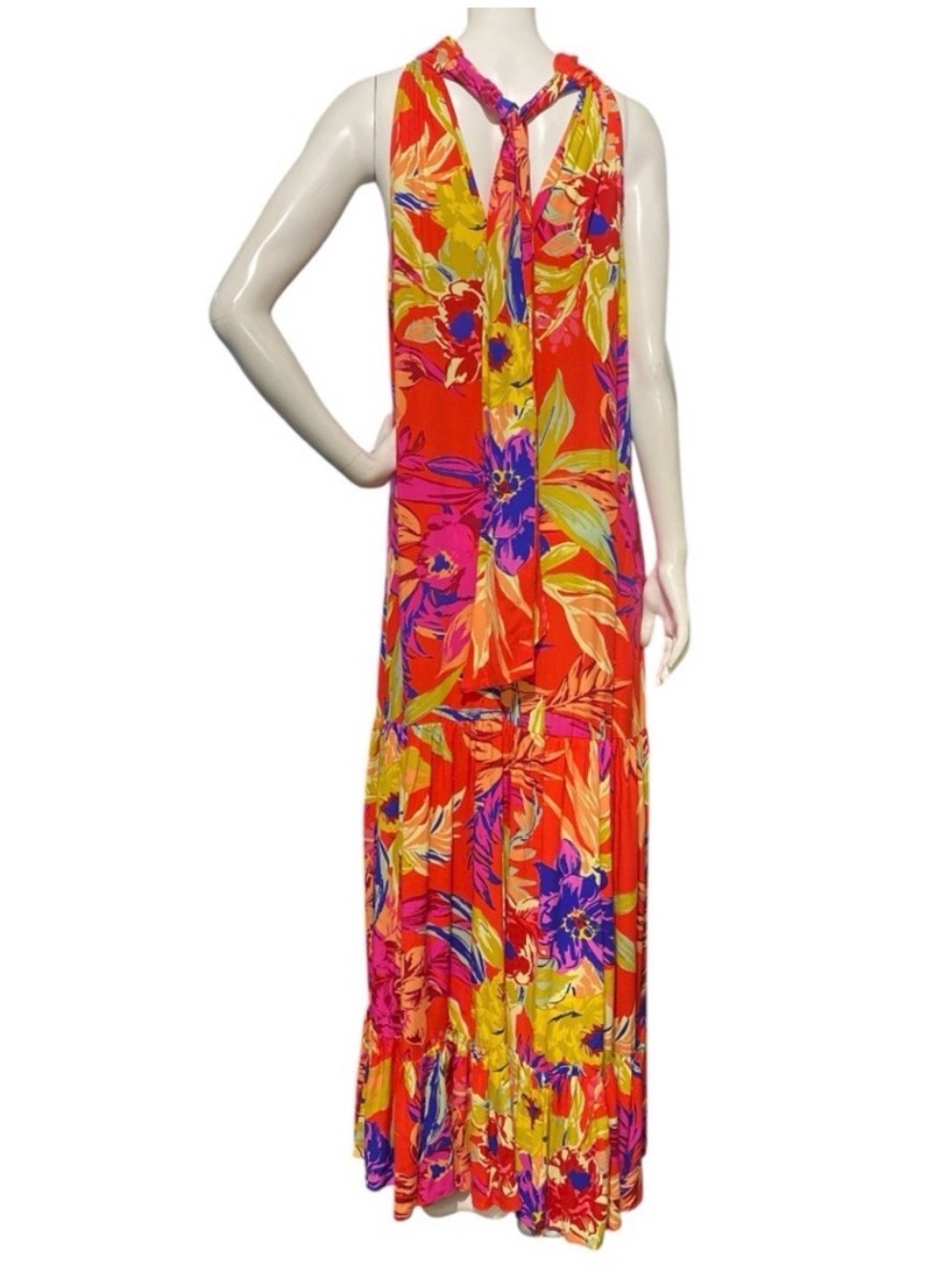 MSK Floral Printed Tiered Halter Neck Maxi Dress Orange Pink Sleeveless Sz Large - Picture 5 of 15